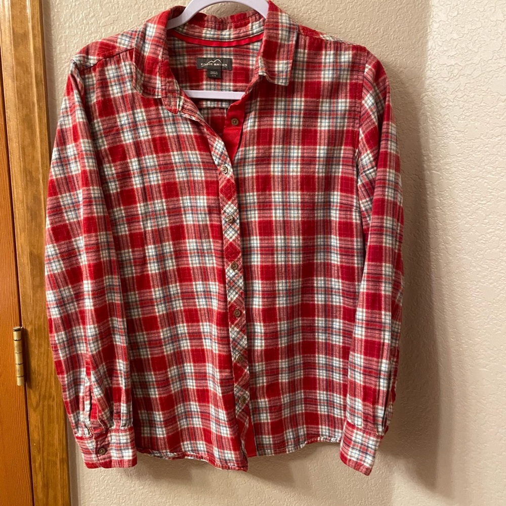 Eddie Bauer- Red flannel button down top- large